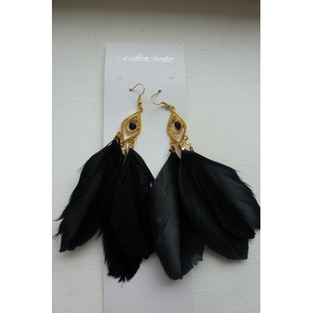 Boucles d'oreilles dorées plume noire CZ