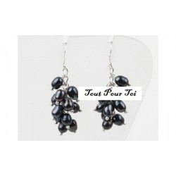 Boucles d'Oreilles Plaque Argent Pluie Perle Noire