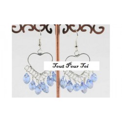 Boucles d'Oreilles Plaqué Argent Coeur Et Cristal Bleu
