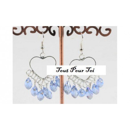 Boucles d'Oreilles Plaqué Argent Coeur Et Cristal Bleu