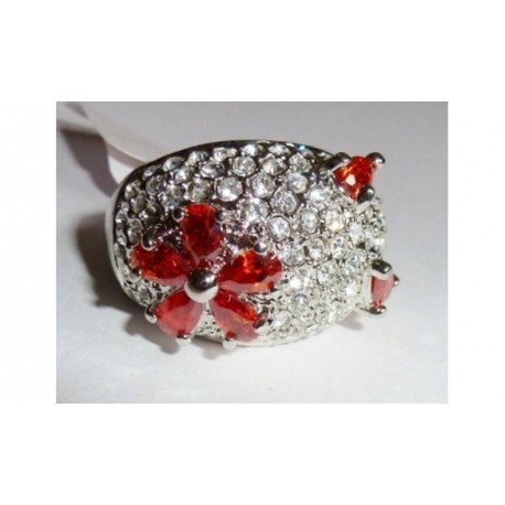 Bague plaqué or blanc fleur rouge CZ