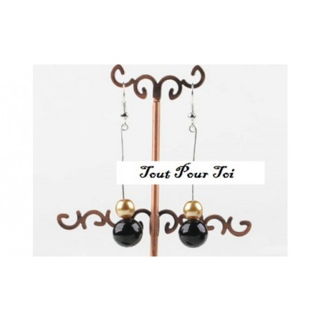 Boucles d'oreilles plaqué argent perle noire et or