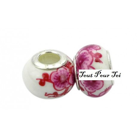 Perle porcelaine fleur rose x 2