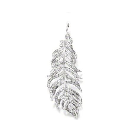 PENDENTIF GRANDE PLUME AVEC CRISTAUX TRANSPARENTS PLAQUE ARGENT