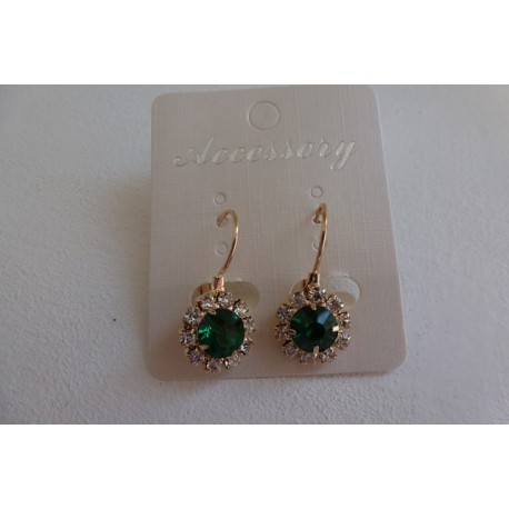 BOUCLES D OREILLES  EN STRASS TRANSPARENT ET PERLE VERTE PLAQUE OR
